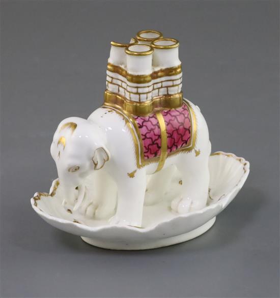 A Rockingham porcelain elephant quill holder, c.1830-42, H. 9.5cm, chip to one quill holder